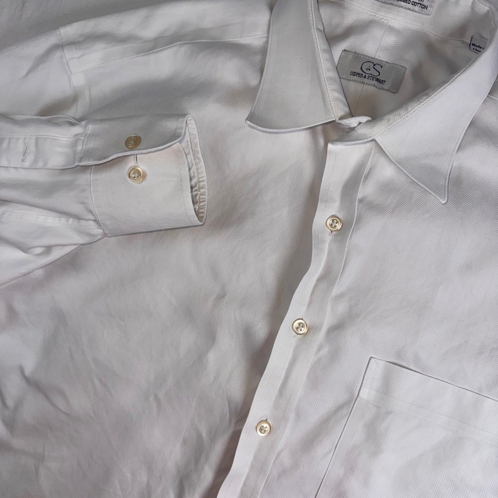 Cooper & Stewart Dress Shirt Mens 16 36/37 White Herringbone Non-Iron Tall
